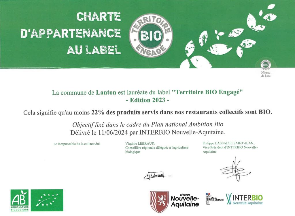 RESTAURATION SCOLAIRE – LANTON À NOUVEAU LABELLISÉ TERRITOIRE BIO ENGAGÉ (TBE)